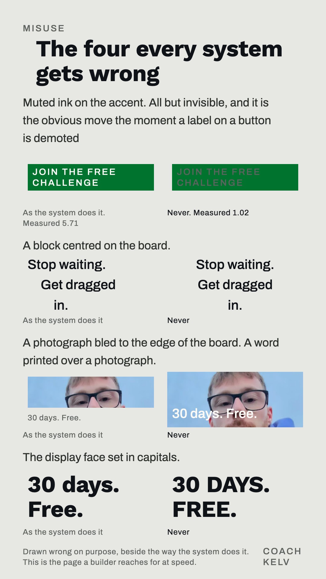 The misuse board, direction A, Four pairs: the illegal text pair, the device out of position, the photograph used as a ground, capitals where sentence case is the rule