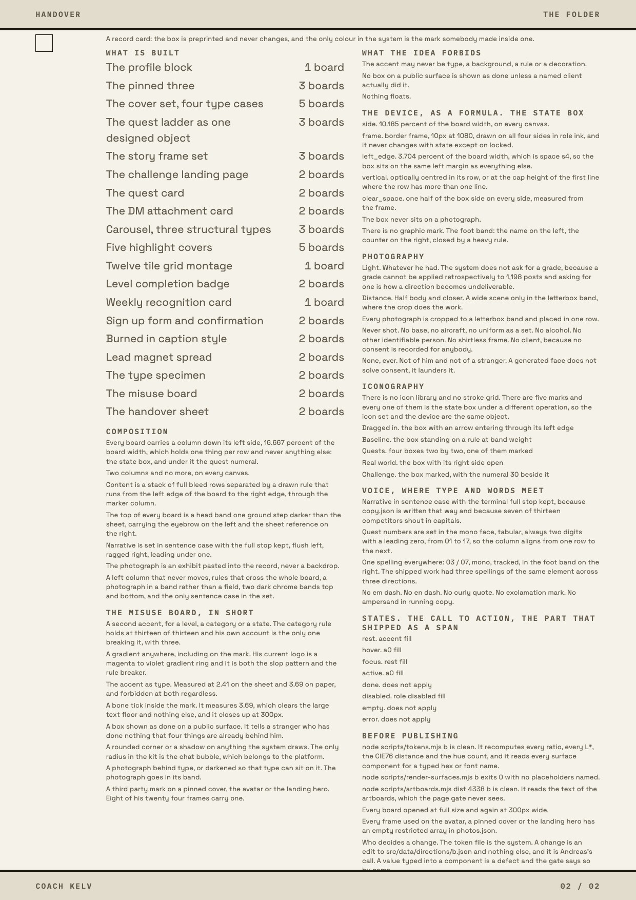 The handover sheet, direction B, The folder: the surfaces and their boards, what the idea forbids, the misuse board in short, and the checks before publishing