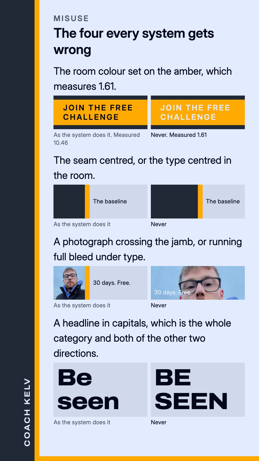 The misuse board, direction C, Four pairs: the illegal text pair, the device out of position, the photograph used as a ground, capitals where sentence case is the rule